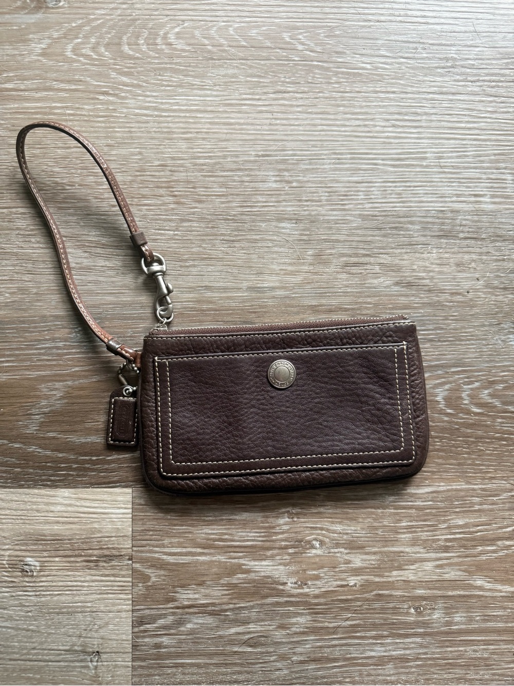 Coach Dark Brown Leather Wristlet with Contrast Stitching